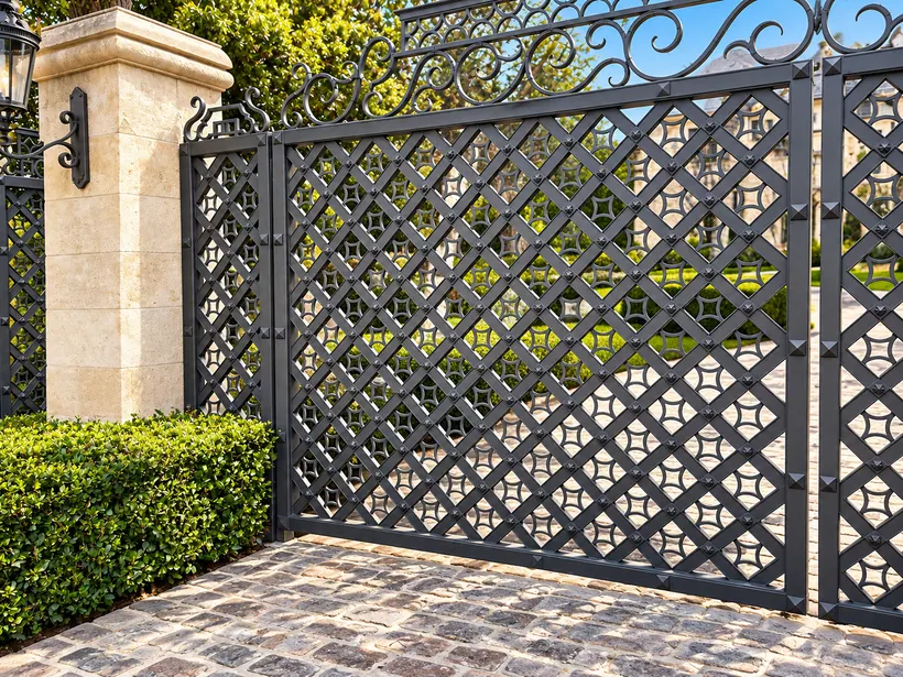 Custom ornate wrought metal estate gate