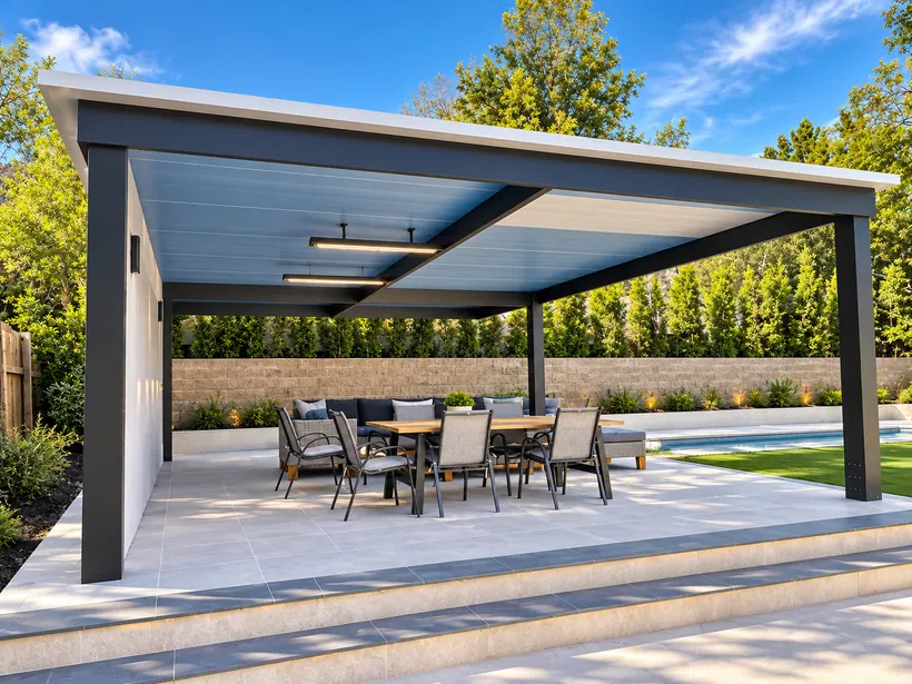 Custom outdoor metal patio structure beside swimming pool