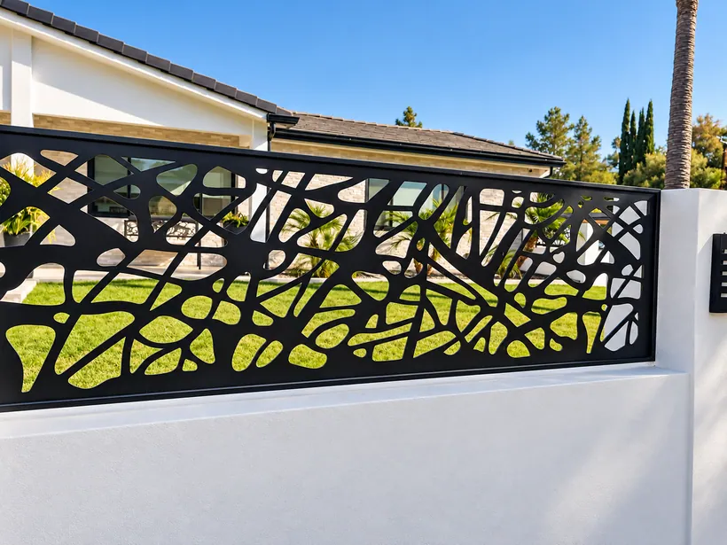 Organic-pattern metal railing along a modern residential property